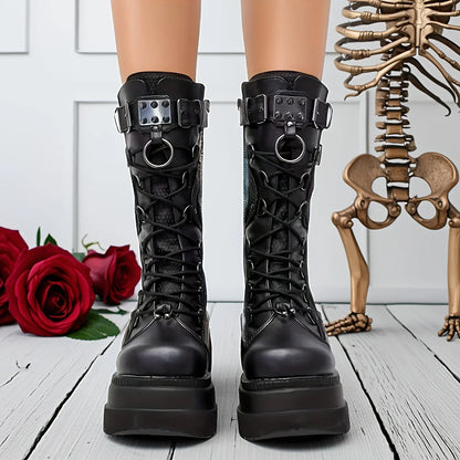 Brand New Women’s Goth Platform Boots – Punk Rivet Buckle Wedge High Heel Party Street Cosplay Shoes