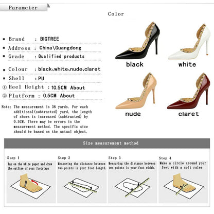BIGTREE Women’s Rivet Patent Leather Pumps – 10.5cm Stiletto High Heels, Sexy Party Shoes, Large Size 43