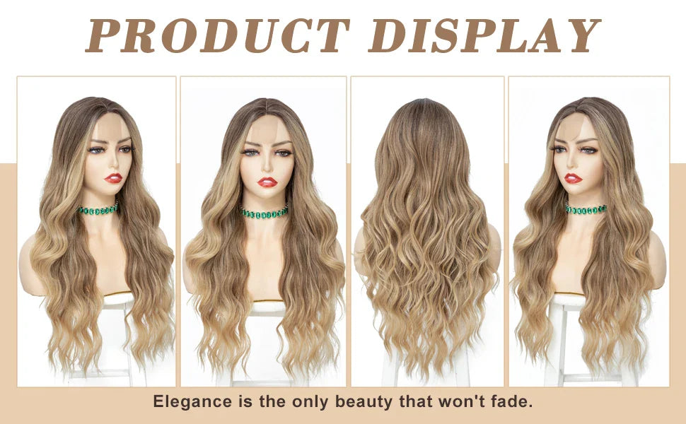 26-Inch Synthetic Ombre Blonde Wavy Wig for Women — Long Middle Part Curly Heat-Resistant Hair Fiber