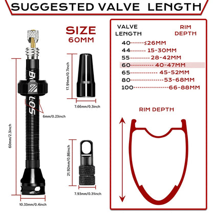BUCKLOS Tubeless Presta Valves 40–100mm — Aluminum Alloy Bike Valve Stem for Road & MTB