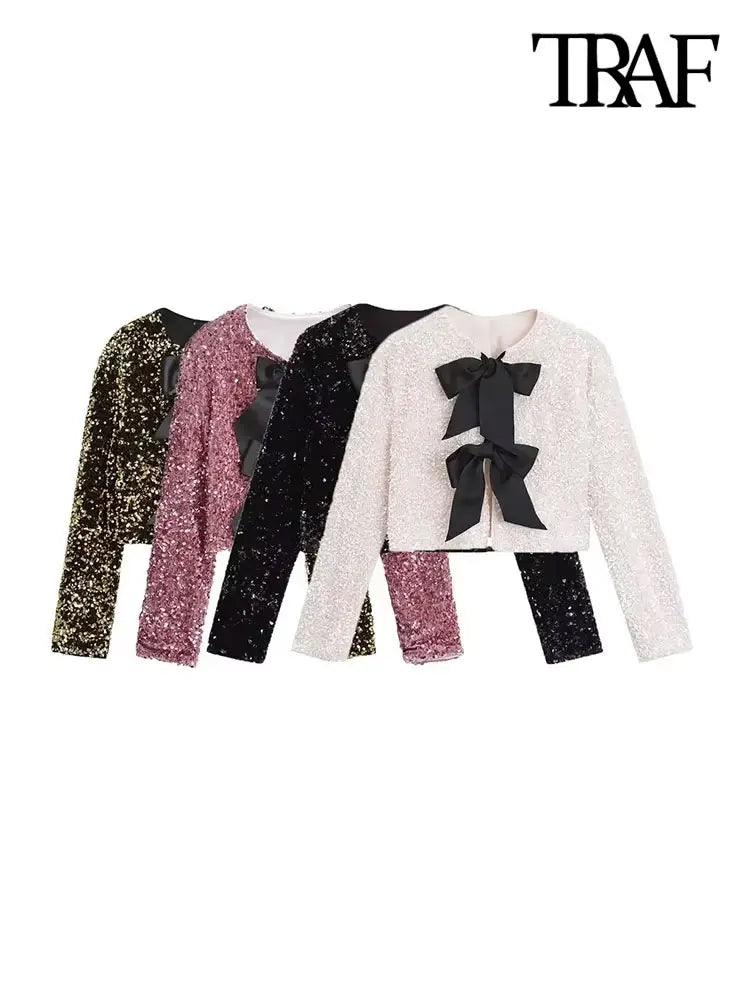 TRAF Women's Sequin Cropped Jacket – Long Sleeve O-Neck Coat with Bow Tie, Chic Outerwear Top