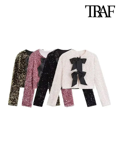TRAF Women's Sequin Cropped Jacket – Long Sleeve O-Neck Coat with Bow Tie, Chic Outerwear Top