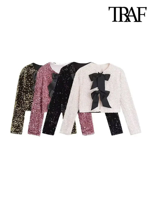 TRAF Women's Sequin Cropped Jacket – Long Sleeve O-Neck Coat with Bow Tie, Chic Outerwear Top