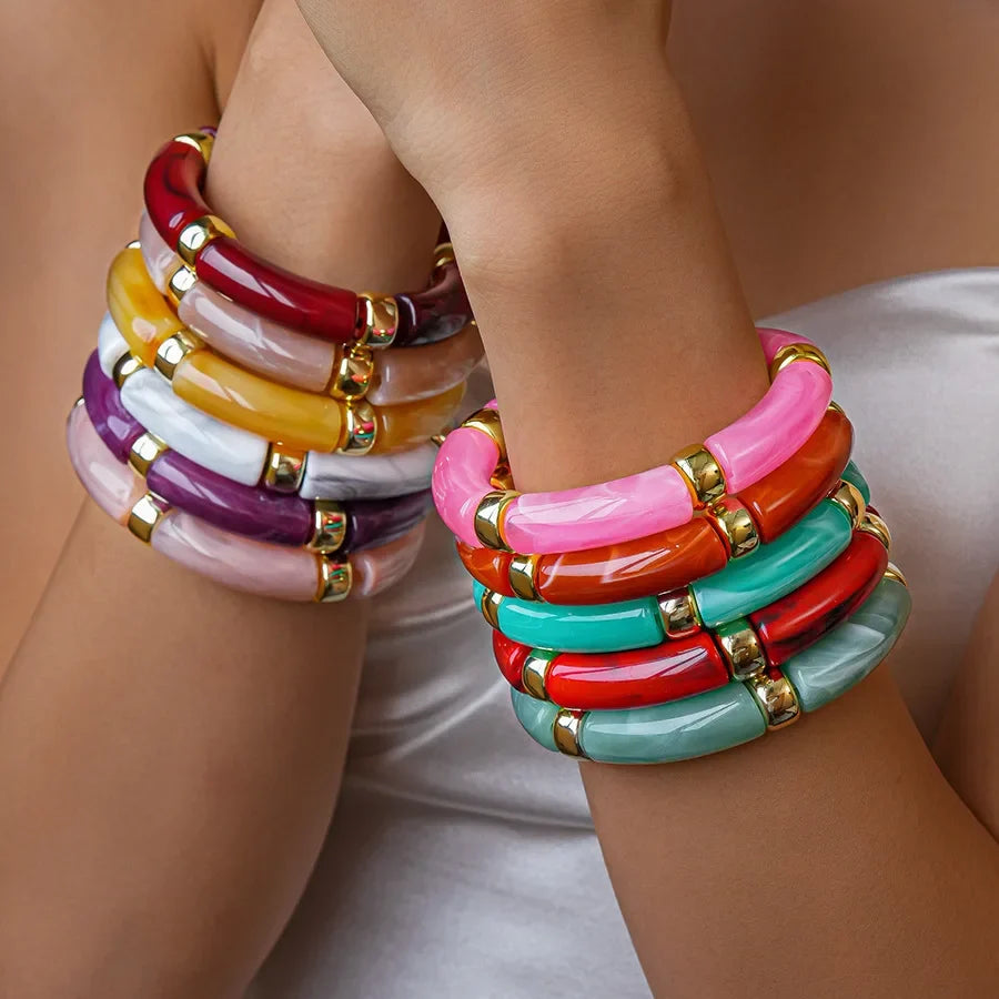 Leopard Print Bamboo Tube Acrylic Bracelets - Retro Stretch Beaded Bangles for Women & Men, Stackable Jewelry Gift