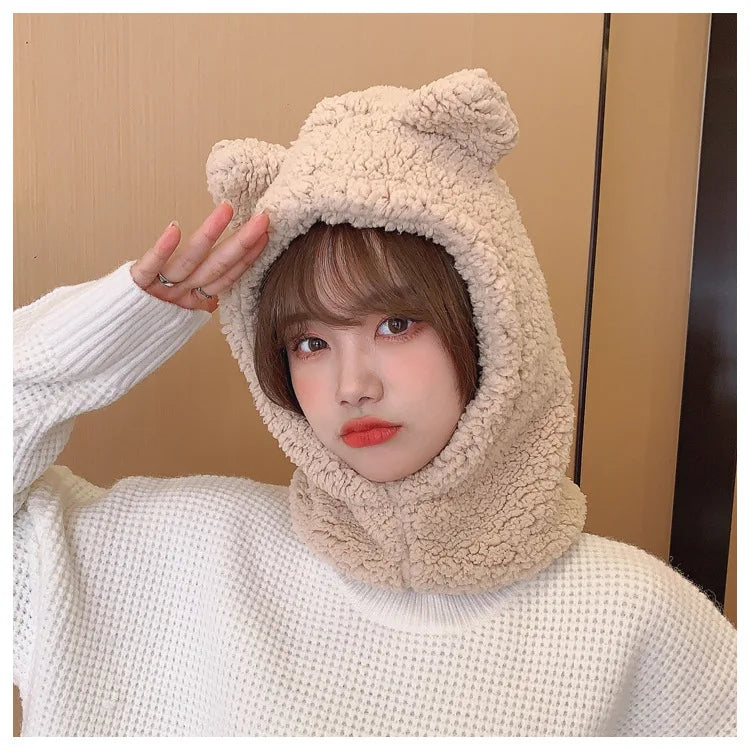 Winter Cartoon Bear Lamb Hat with Mask – Thickened Warm Beanie with Ear Protection for Women & Girls