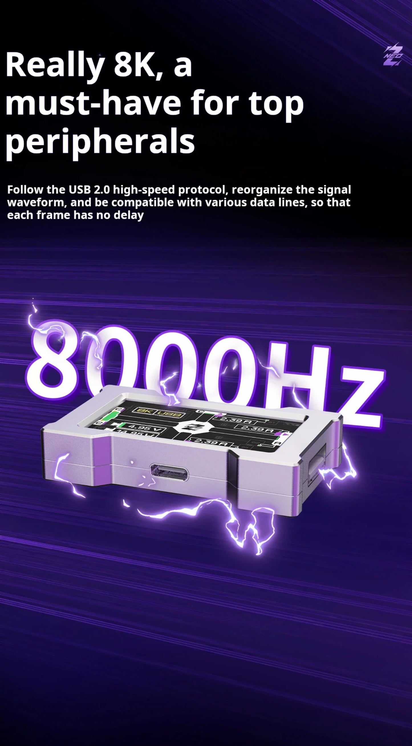 HMLAB ZNEO Gaming USB Hub – 2-to-3 Port with 8K Hz, Independent Power & Screen for Gaming Desk Setup