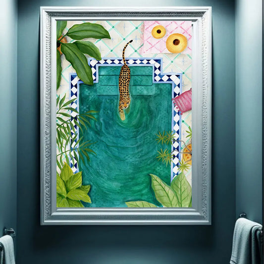 Leopard Swimming Canvas Wall Art - Morocco Pool Animal Print Poster with Botanical Watercolor Design for Home Room Decor