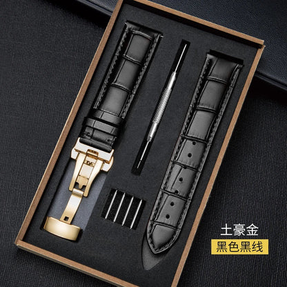 Genuine Leather Watch Strap with Wooden Box – Butterfly Clasp Bracelet 18-24mm Wristband