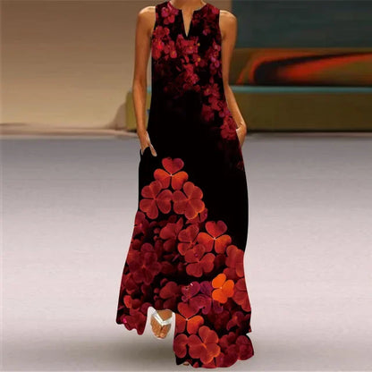 Women’s Retro V-Neck Summer Dress - Sleeveless Printed Maxi Swing Skirt with Loose Comfortable Fit