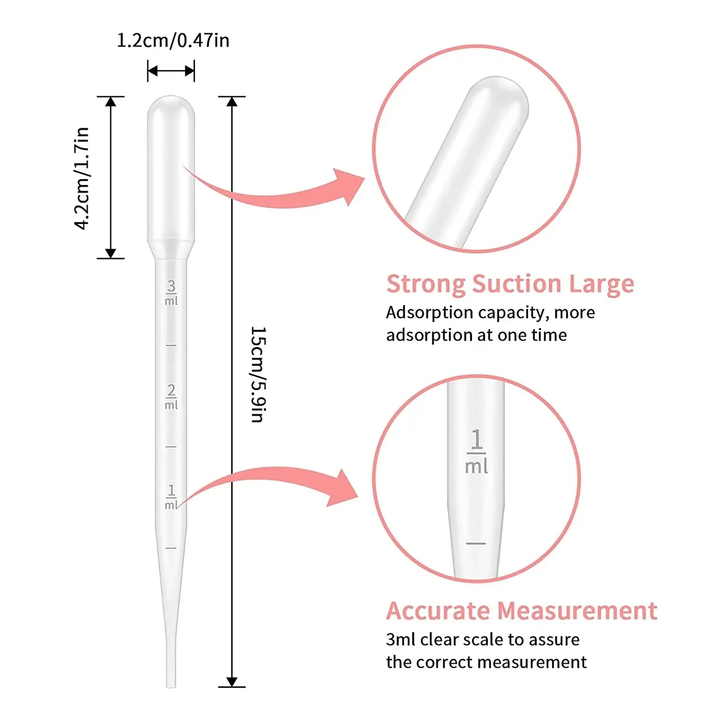 100pcs Laboratory Plastic Pipettes — 1ml, 2ml, 3ml, 5ml Disposable Graduated Droppers for Liquid, Makeup, and Lab Use