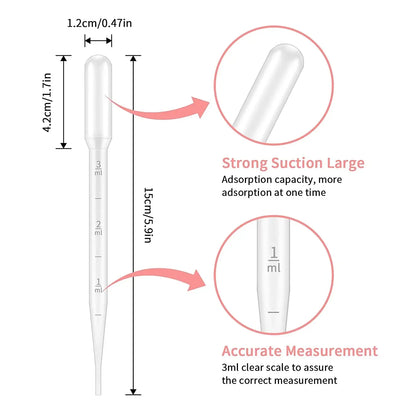 100pcs Laboratory Plastic Pipettes — 1ml, 2ml, 3ml, 5ml Disposable Graduated Droppers for Liquid, Makeup, and Lab Use