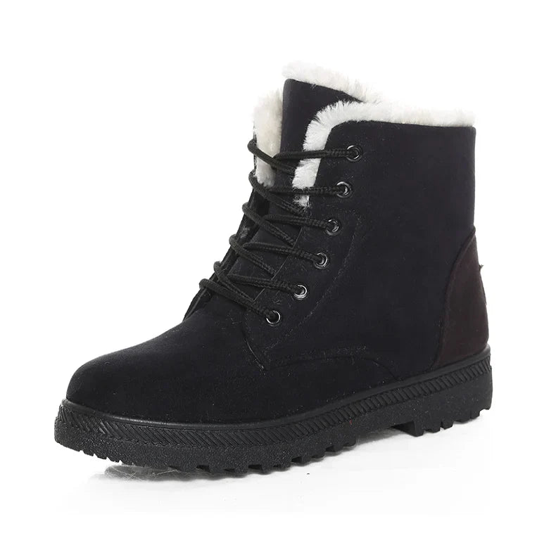 Women's Winter Fur Boots 2025 – Warm Ankle Snow Boots with Low Heels, Black Footwear for Women