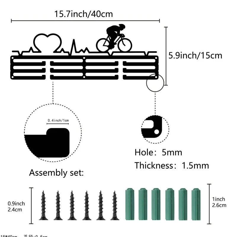 Cycling Medal Display Rack - Wall Mounted 12 Hook Holder Frame for 60+ Medals with 3 Row Storage Shelf