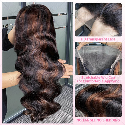 30 Inch Brazilian Body Wave Highlight Ombre Wig – 13x4 Lace Front, 1B/30 Black Brown Human Hair Wig for Women