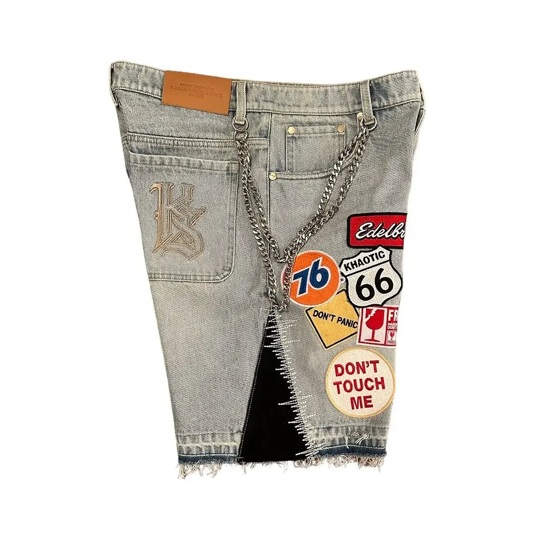 Unisex Y2K Rock Hip Hop Patchwork Denim Shorts – Retro Blue Baggy Cartoon Pattern Casual & Basketball Fitness Shorts