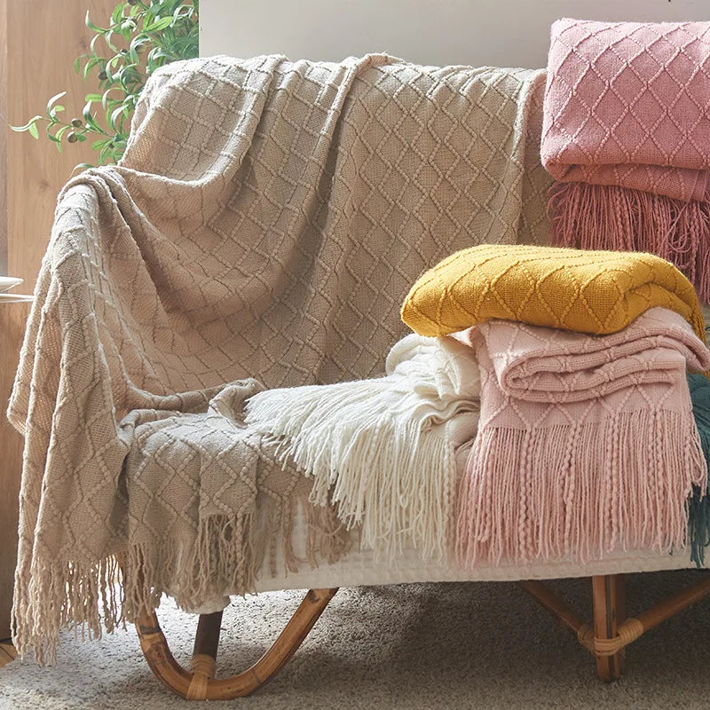 White Boho Throw Blanket – Textured Chunky Knitted Vintage Luxury Bedspread, Sofa Cover Manta Para Sofá