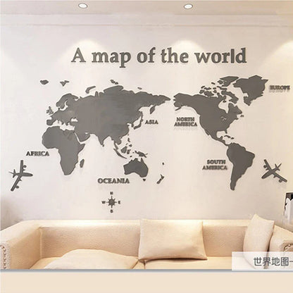 3D Acrylic World Map Wall Stickers – Three-Dimensional Mirror Decals for Bedroom & Office Decoration