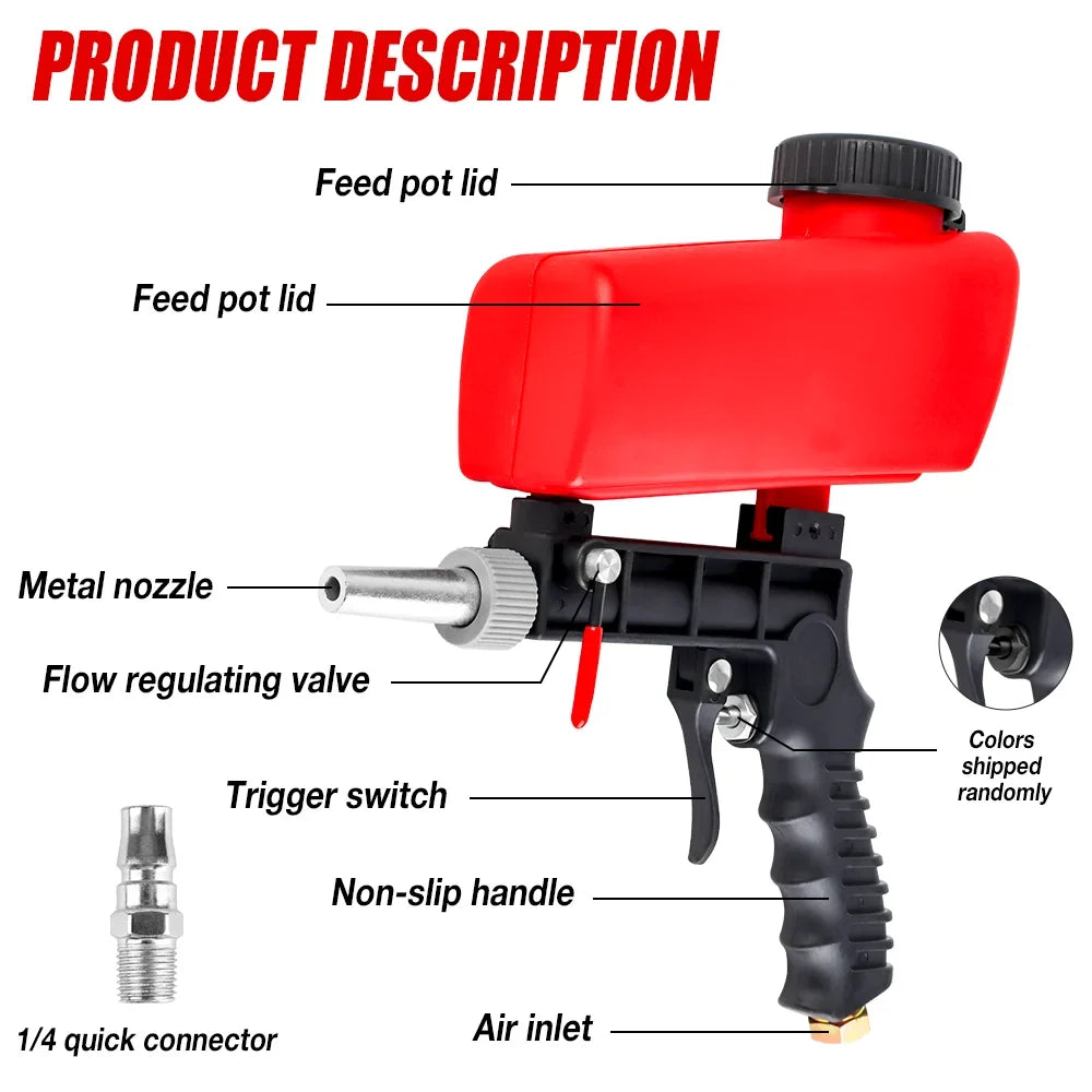 90PSI Portable Sandblasting Gun - Adjustable Cordless Handheld Gravity Air Tool for Home Cleaning & Surface Polishing