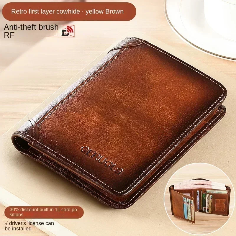 Genuine Leather Men’s RFID Blocking Trifold Wallet – Vintage Thin Short Multi-Function Card Holder ID Window Male Purse Money Wallet