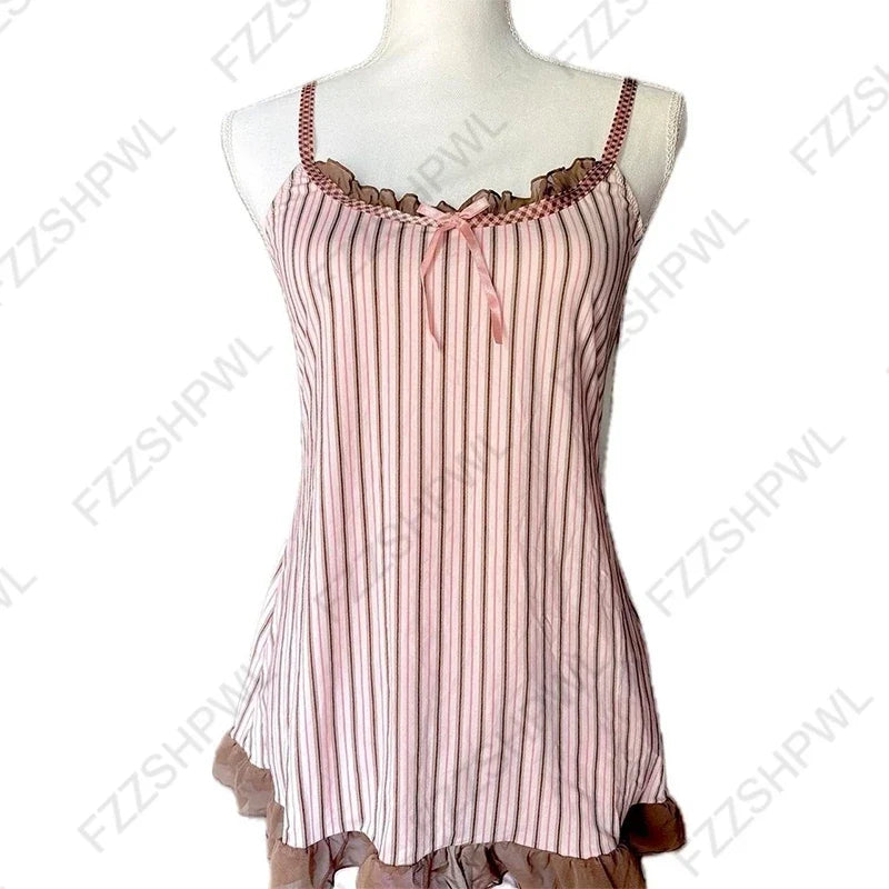 Y2K Harajuku Striped Bow Camisole Crop Top - Retro Kawaii Women's Streetwear