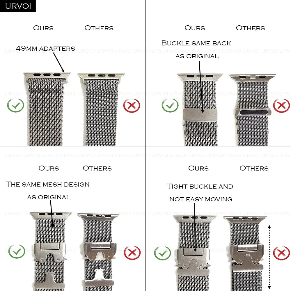 URVOI Stainless Steel Mesh Band for Apple Watch Ultra 2/1, Series 10/9 – 316L Secure Parachute Buckle, 46/49mm