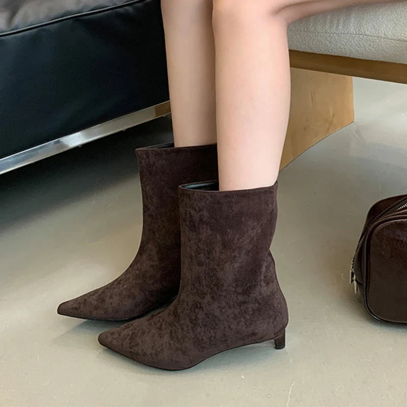 Women’s Vintage Pointed Toe Ankle Boots - Warm Slip-On Low Heel Party Knight Boots