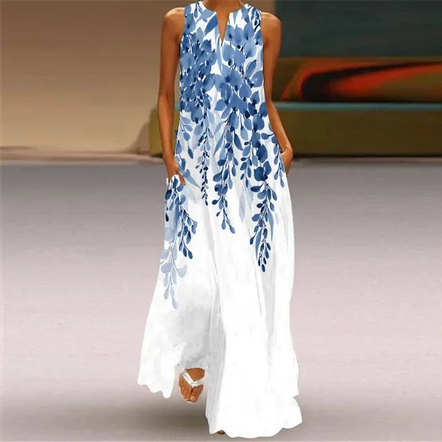 Women’s Retro V-Neck Summer Dress - Sleeveless Printed Maxi Swing Skirt with Loose Comfortable Fit
