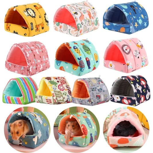 Cute Cartoon Rabbit & Squirrel Mini Pet Cage — Warm Winter Bed House for Hamsters, Mice, Rats & Guinea Pigs