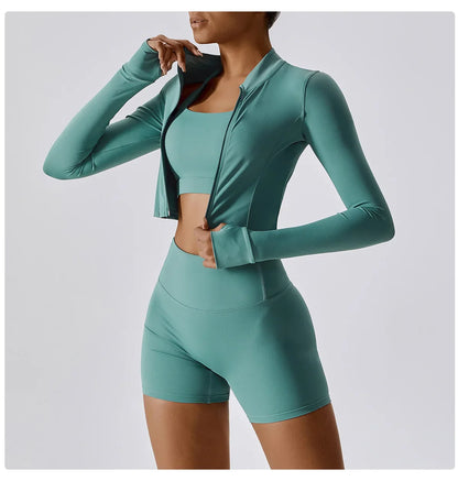 3PCS Women’s Yoga & Workout Set – Long Sleeve Zipper Top with High Waist Leggings Fitness Sportswear