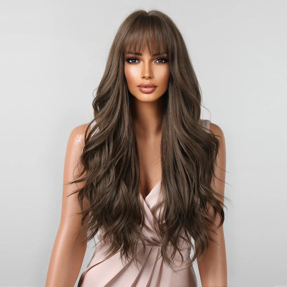 Brown Wavy Long Wig for Women with Bangs — Natural-Look Synthetic Hair, Heat-Resistant for Daily & Cosplay