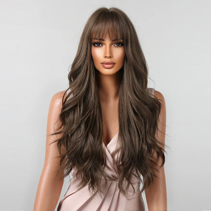 Brown Wavy Long Wig for Women with Bangs — Natural-Look Synthetic Hair, Heat-Resistant for Daily & Cosplay