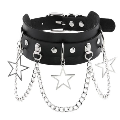 Harajuku Gothic Spike Rivet Star Choker Necklace – Black Bowknot PU Lace Leather Y2K Hip Hop Rock Jewelry for Girls
