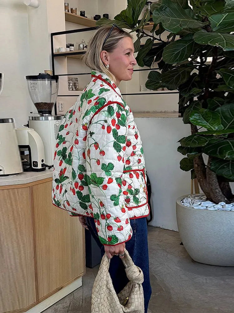 2025 Women’s Printed Quilted Padded Jacket – Collared Cotton Coat with Contrast Piped Pockets, Casual Autumn Outerwear