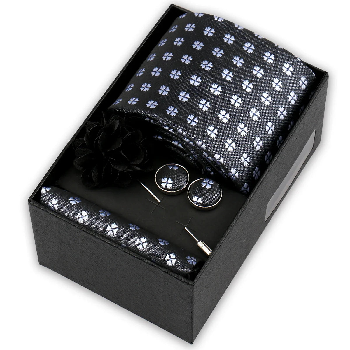 Men’s 4-Piece Tie Set Gift Box - Elegant Necktie with Handkerchief, Cufflinks & Brooch for Business, Wedding & Suit Accessories
