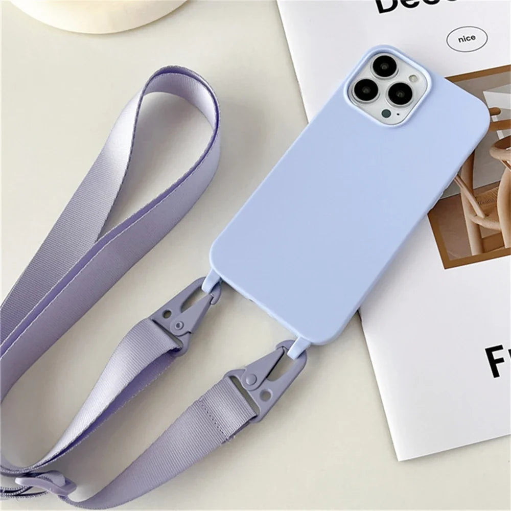 Crossbody Necklace Strap Silicone Case - Matte Shockproof Phone Cover for iPhone 17, 16, 15, 14 Pro Max & More