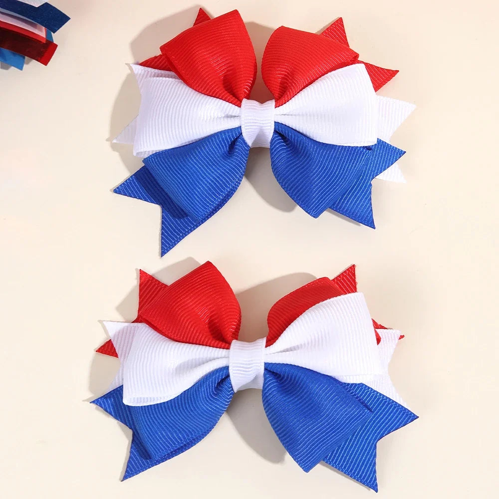 2pcs USA Flag Bow Hair Clips - Red White Blue Patriotic Ribbon Barrettes for 4th of July Party Accessories