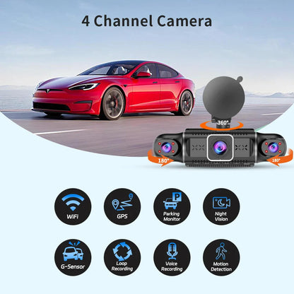 Free 64GB 360° Car DVR Dash Cam – WiFi, GPS, 24H Parking Monitor, 4 Lens HD 1080P Video Recorder with App Control
