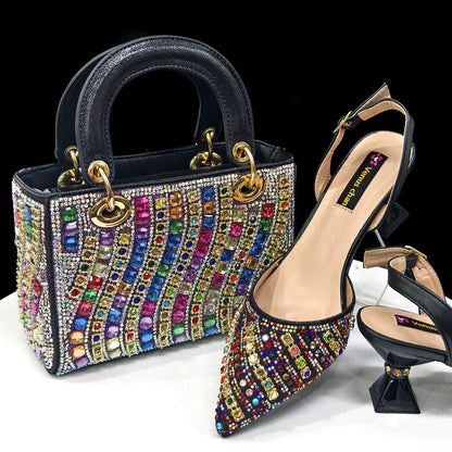 Women’s Fuchsia Rhinestone Shoe & Bag Set - Shiny Italian Style Pointed Toe High Heel Fashion Accessories
