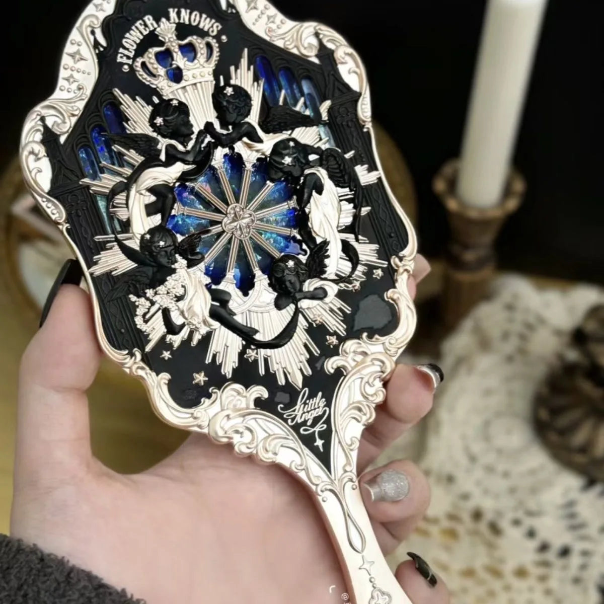 Flower Knows Angel Series Handheld Mirror – White, Black & Pink Compact Mirror