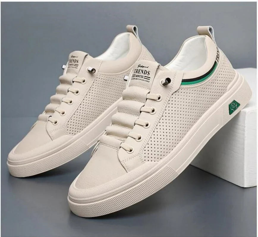 Men’s Genuine Leather Casual Sneakers – Breathable Cow Leather Skateboard Shoes, Street Trend Flat Summer Footwear