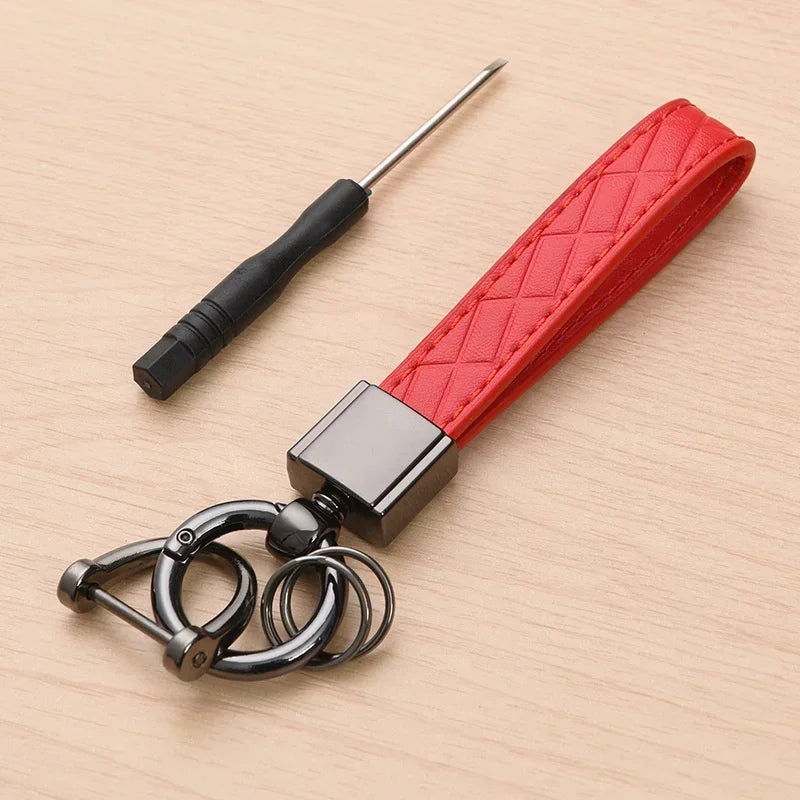 5-Color Genuine Leather Plaid Keychain – Luxury Black Buckle Car Key Ring for Men & Women, Gift for Friends