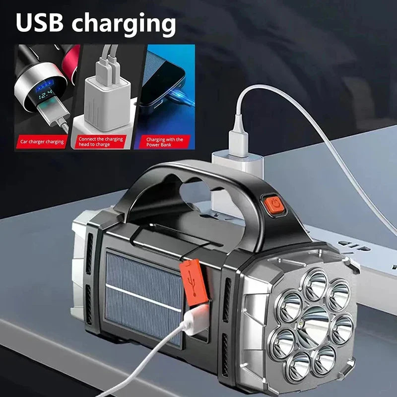 Portable USB Rechargeable Flashlight: Solar LED Light with COB Work Light - Powerful 4-Gear Charge Mobile Phone Camping Lamp