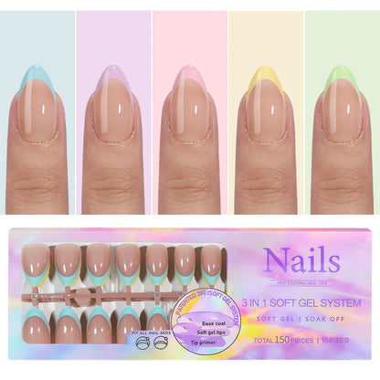 150PCS Press On Fake Nails - 6 Color Multi-Size Almond Acrylic Nails with French Style Removable Design