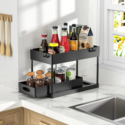 2-Tier Under Sink Sliding Organizer — Cabinet Basket Storage Rack with Hooks for Bathroom & Kitchen Cups