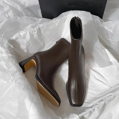 2024 New Vintage Brown Women's Ankle Boots – Fashionable Square Toe, Thick Heel Short Booties for Autumn & Winter