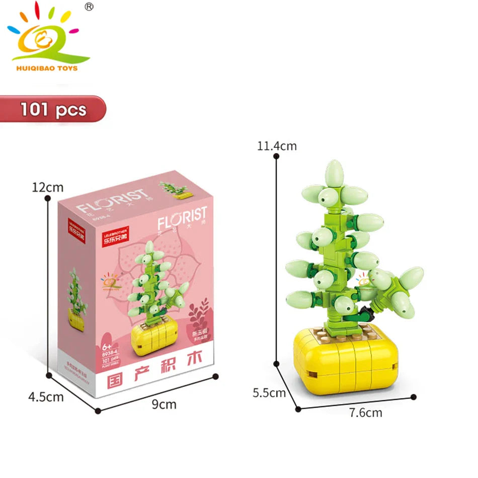 HUIQIBAO MOC Flower & Succulent Potted Building Block Set – DIY Eternal Bouquet, Home Desk Plant Decor, Girls & Kids Toy Gift
