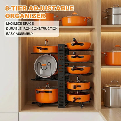 8-Tier Pot Rack Organizer - Space-Saving Metal Holder for Pots, Pans & Lids Kitchen Storage