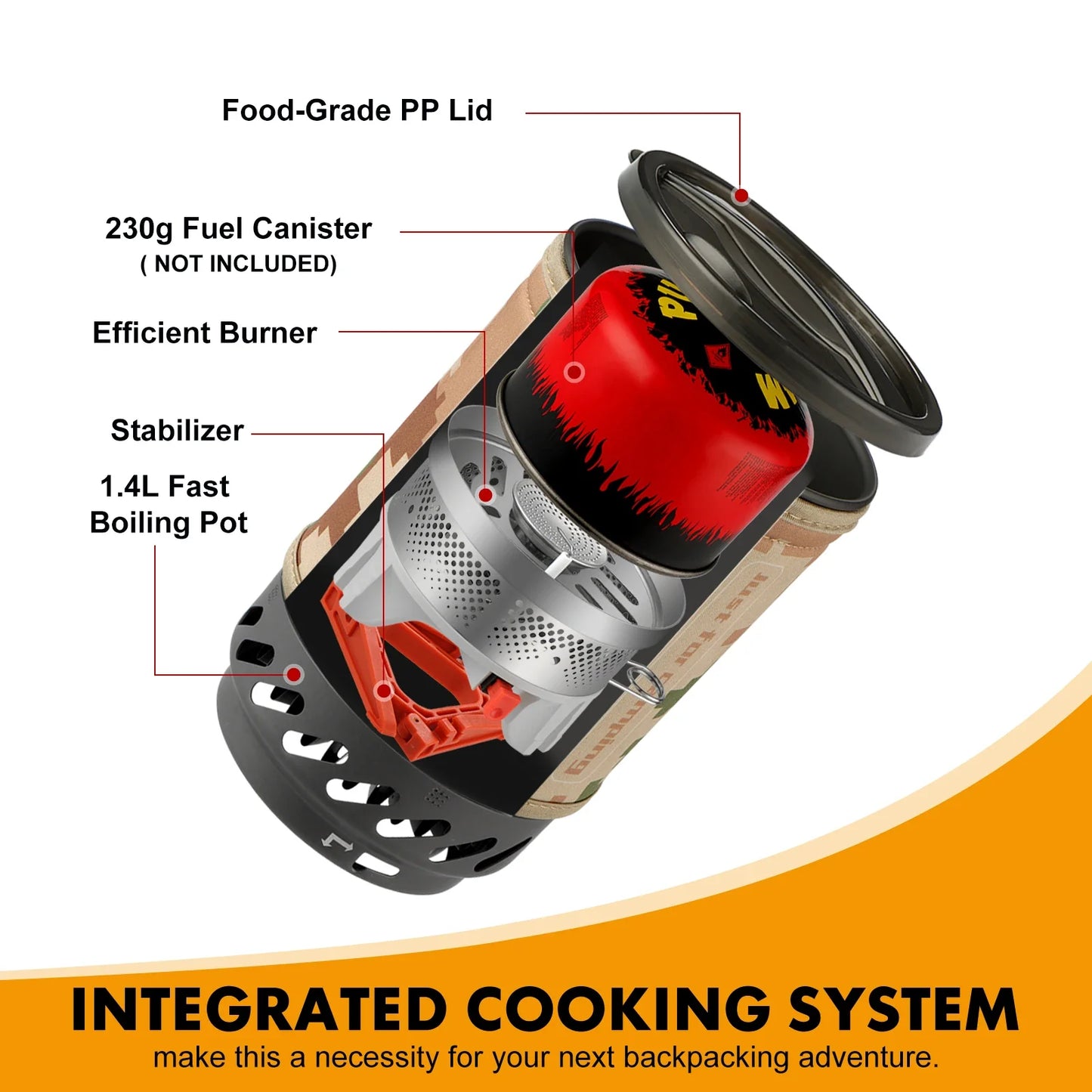 1.4L Backpacking Stove – Portable Propane Camp Burner with Red Tripod for Camping Cooking Gear