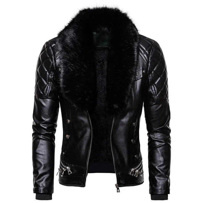 Men's Winter Fleece Motorcycle Jacket - Fur Collar Slim Fit Warm PU Leather Biker Bomber Coat