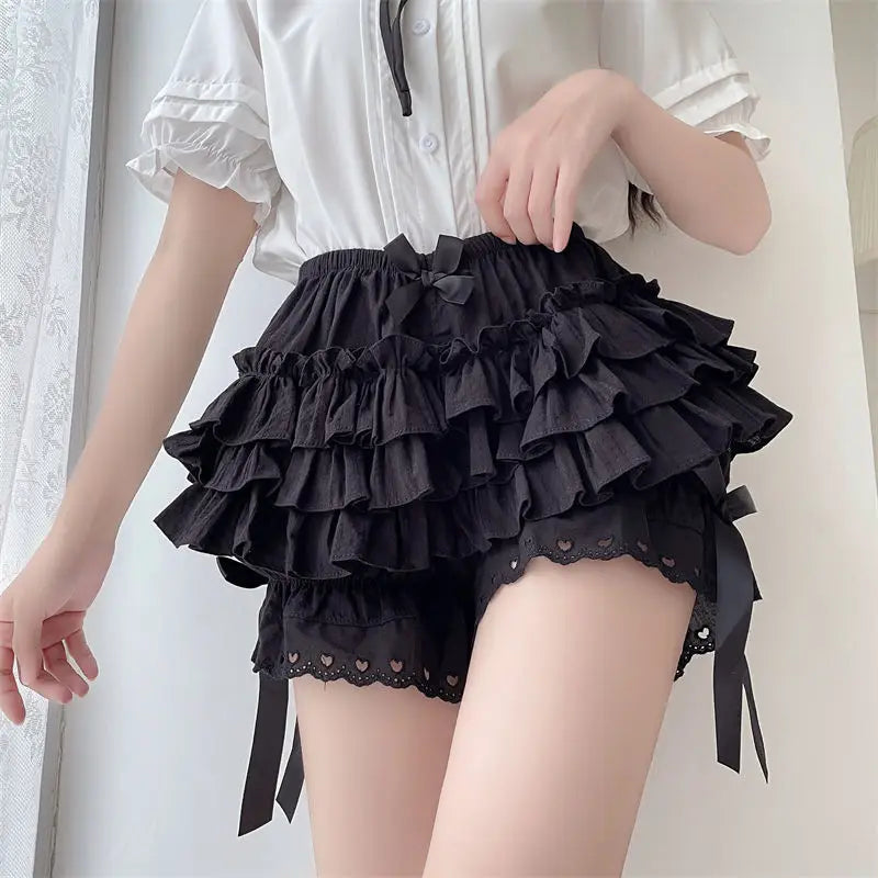 Vintage Style with a Twist: Black and White Pleated Pumpkin Cute Panties for Women - Bow Knot Lolita Safety Shorts, Victorian Bloomers